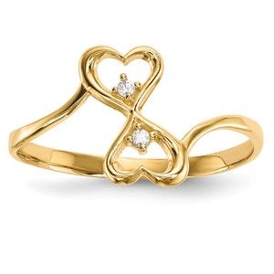 14k Gold Genuine CZ (Cubic Zirconia) Double Heart Ring, Size 7